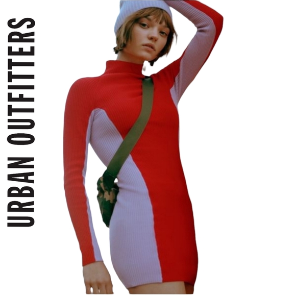 Urban Outfitters | Colorblock Ribbed Knit Mock Neck Bodycon Dress | Medium - Picture 2 of 7